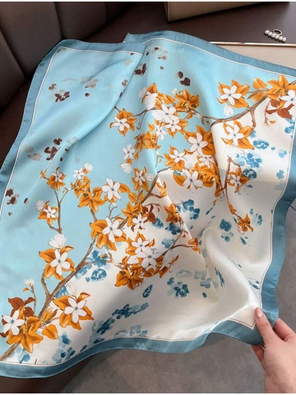 Luxurious Elegant Silky Square Scarf Blue White Orange Floral Blossom Wrap hijab - Picture 4 of 5